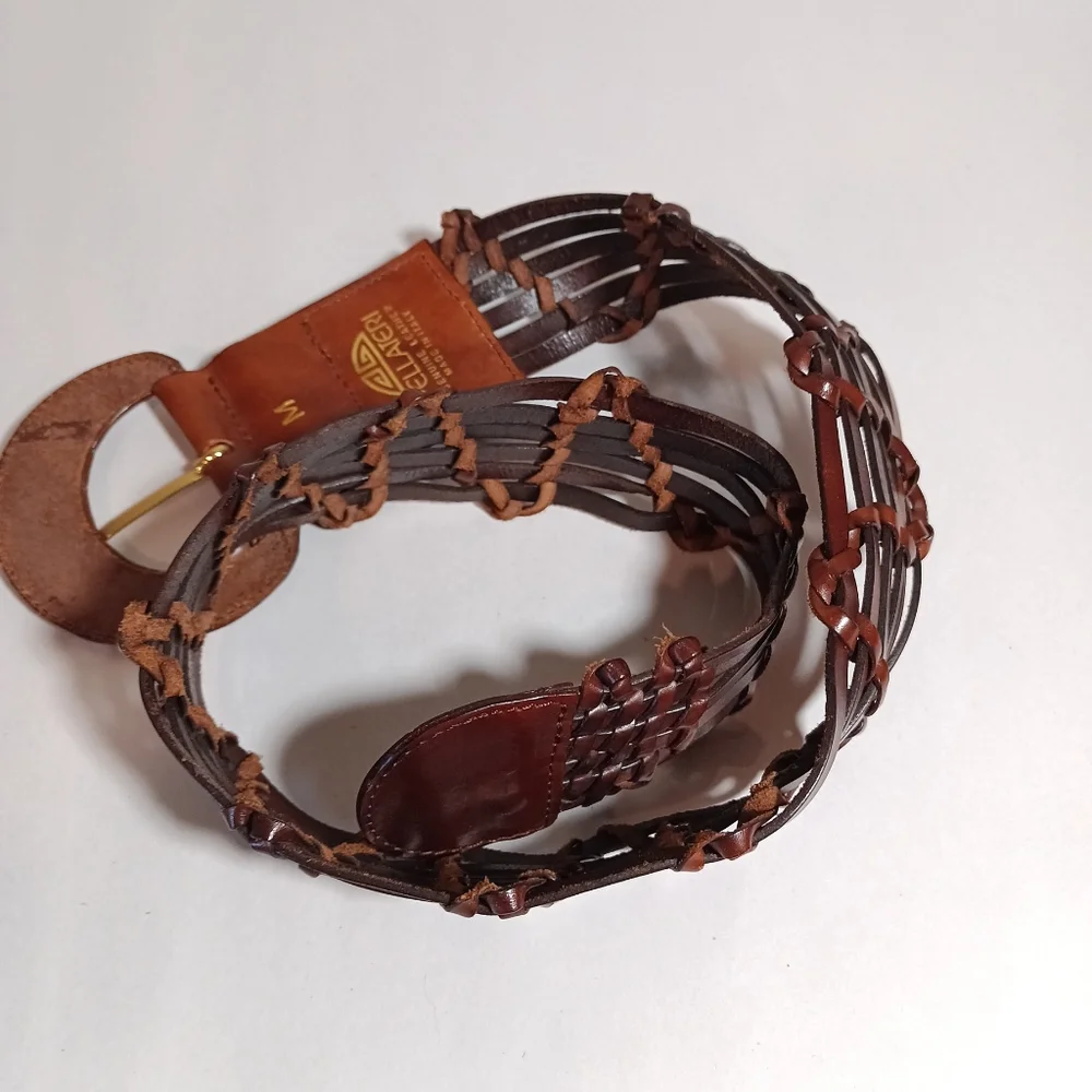 Pelletterie wide braided cognac leather belt made in italy vintage Size M